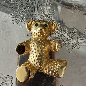 Large Gold Teddy Bear Brooch with Green Eyes